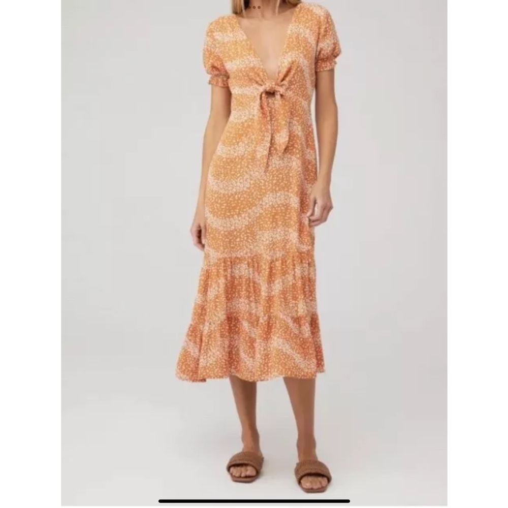 BEACHGOLD Danny Dress XS Midi Length Puff Sleeves Orange White Tie Neckline